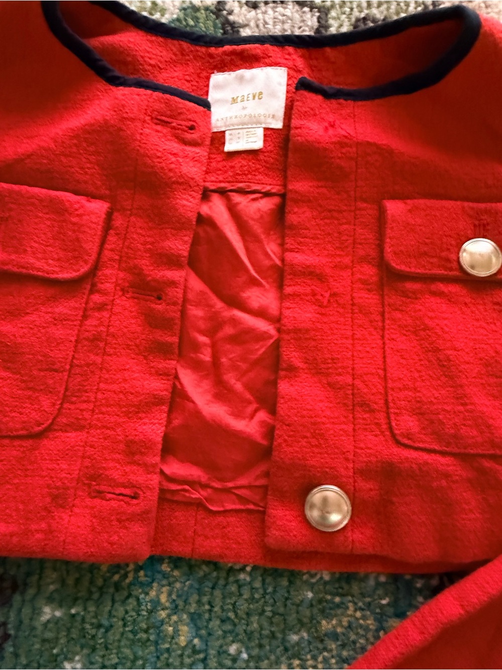 Anthropologie Maeve Red Cropped Tweed Jacket with Contrast Trim - Picture 3 of 10